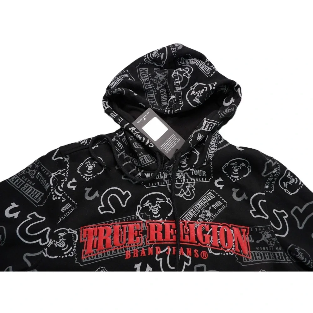 NWT True Religion Ticket Hoodie Men S Black AOP Pullover Graphic Streetwear Logo
